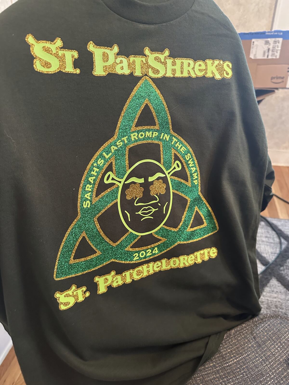 A custom bachelorette sweatshirt with a green screen-printed design