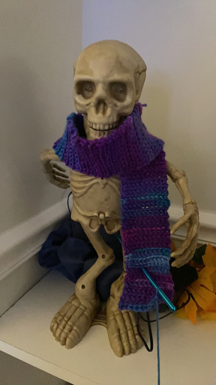 A hand-knitted striped scarf wrapped around a decorative skeleton