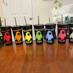 A row of colored tumblers each printed with a different name and nickname