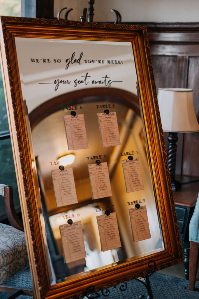 A mirror seating chart with kraft paper tags clipped in columns